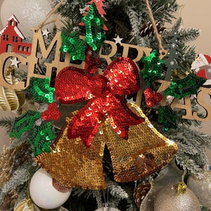 Toppe termoadesive con paillettes a forma di campanella di Natale per vestiti vintage di Natale o per feste e felpe con cappuccio per bambini o decorazioni per l&#39;albero di Natale