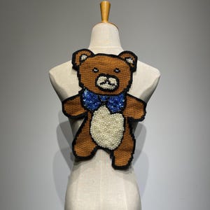 Large sequin embroidered Bear patch | handmade pearl teddy bear appliqué for back