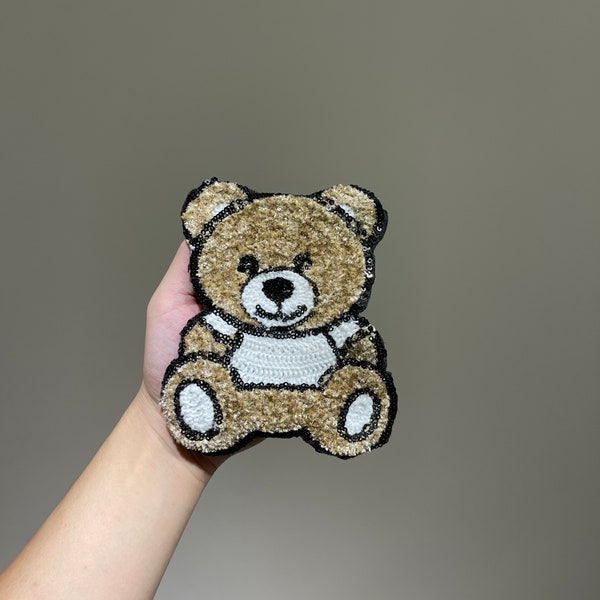 Small Brown and White Bear with sequins backpack Sew on patches embroidered Applique for Clothes or T-shirt decoration