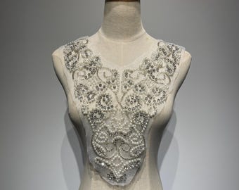 Beaded Pearl Rhinestone Front Applique - Large Mesh Dress Panel For Bridal & Evening Gown Neckine Patch