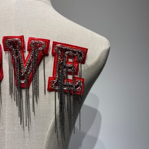 Handmade Red Sequins Love Letter Patch Beaded Alphabet Applique with Tassel Chains image 8