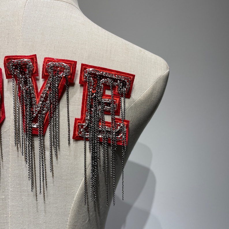 Handmade Red Sequins Love Letter Patch Beaded Alphabet Applique with Tassel Chains image 8