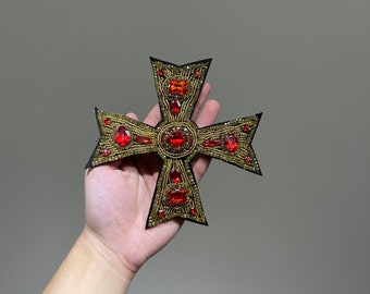 Handmade Rhinestone Cross Baroque  Crystal with beads sew on patches for Vintage clothes Embroidered patch or jackets Applique decoration