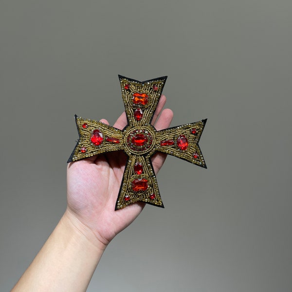 Handmade Rhinestone Cross Baroque  Crystal with beads sew on patches for Vintage clothes Embroidered patch or jackets Applique decoration