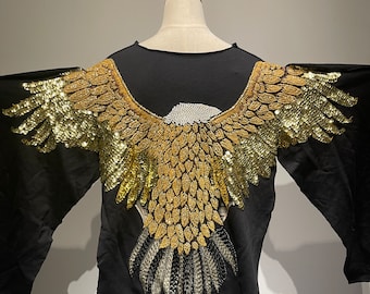 Très grand patch dos aigle à paillettes dorées - art aviaire artisanal pour applique au dos de la veste