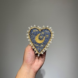 Mystical Sacred Heart Appliqué – Blue Embroidered Patch with Moon, Star Accents, and Handmade Pearls