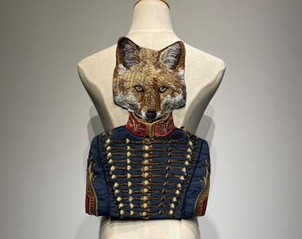 Royal Fox Velvet Embroidery Patch | Deep Blue Baroque Appliqué with Gold Thread | Luxury Fox Crest Emblem for Jackets & Couture Fashion