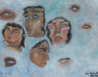 Op de afbeelding: Een origineel schilderij met meerdere gezichten en ogen met blauwe ogen, tegen een lichtblauwe achtergrond. Het kunstwerk heeft een dromerige kwaliteit, met zichtbare penseelstreken en een textuur. Gesigneerd door de kunstenaar, C. McNeil en Bri Camilla McNeil.