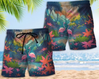 Tropical Flower Forest  Swim Trunks, Pink Crane Shorts, Summer Quick Dry Shorts Swimwear, Men Swim Trunks, Father's Day Gift, Gift For Him