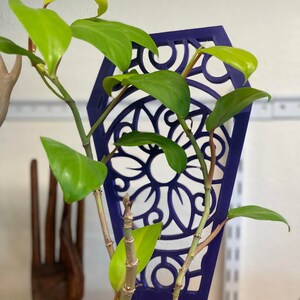 Puede incluir: Una estaca de planta morada con un diseño decorativo en forma de ataúd. La estaca está en una maceta con una planta verde.