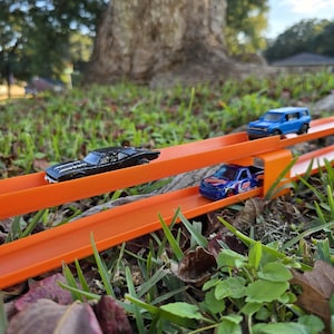 Könnte beinhalten: Drei Spielzeugautos rasen auf einer orangefarbenen Rennstrecke im Freien. Die Autos sind ein schwarzes Muscle-Car, ein blauer Pickup-Truck und ein blauer SUV. Die Strecke ist auf Gras mit einem großen Baum im Hintergrund aufgebaut.