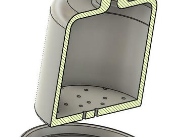 May include: A gray, cross-sectioned container with a matching base. The container has a cylindrical body with a rounded top and a series of small holes at the bottom. The base is a shallow dish with curved grooves. The edges are highlighted with a yellow-green outline.
