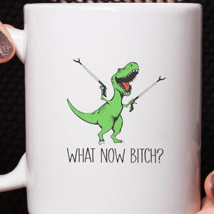 Funny Dinosaur Mug, What Now Bitch Dinosaur Mug, Funny T-Rex Coffee Mug, Sarcastic Gift for Friend, Dinosaur Lover Gift, Joke Mug, Rude Gift