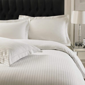 Hotel Quality White Sateen Stripe Duvet Cover Set Double King Size Bedding Sets