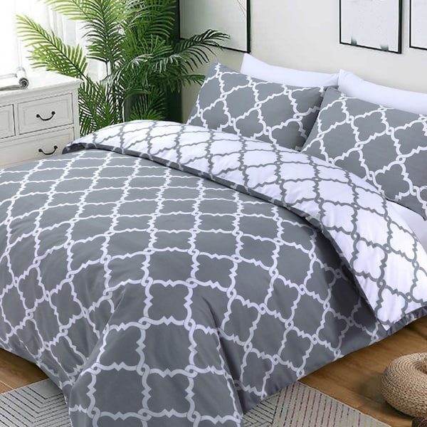 Geo Reversible Duvet Cover Set 100% Cotton Print Quilt Bedding Sets Double King Super Sizes