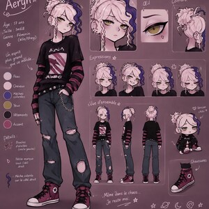 May include: A character reference sheet for Aergn, featuring a person with white and blue hair, wearing a black graphic t-shirt over a striped long-sleeve shirt, ripped dark jeans, and maroon high-top sneakers, with various expressions and poses.