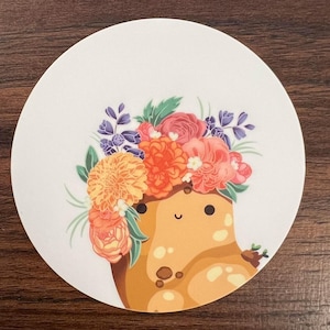 Patata corona de flores, pegatina de vinilo redondo premium