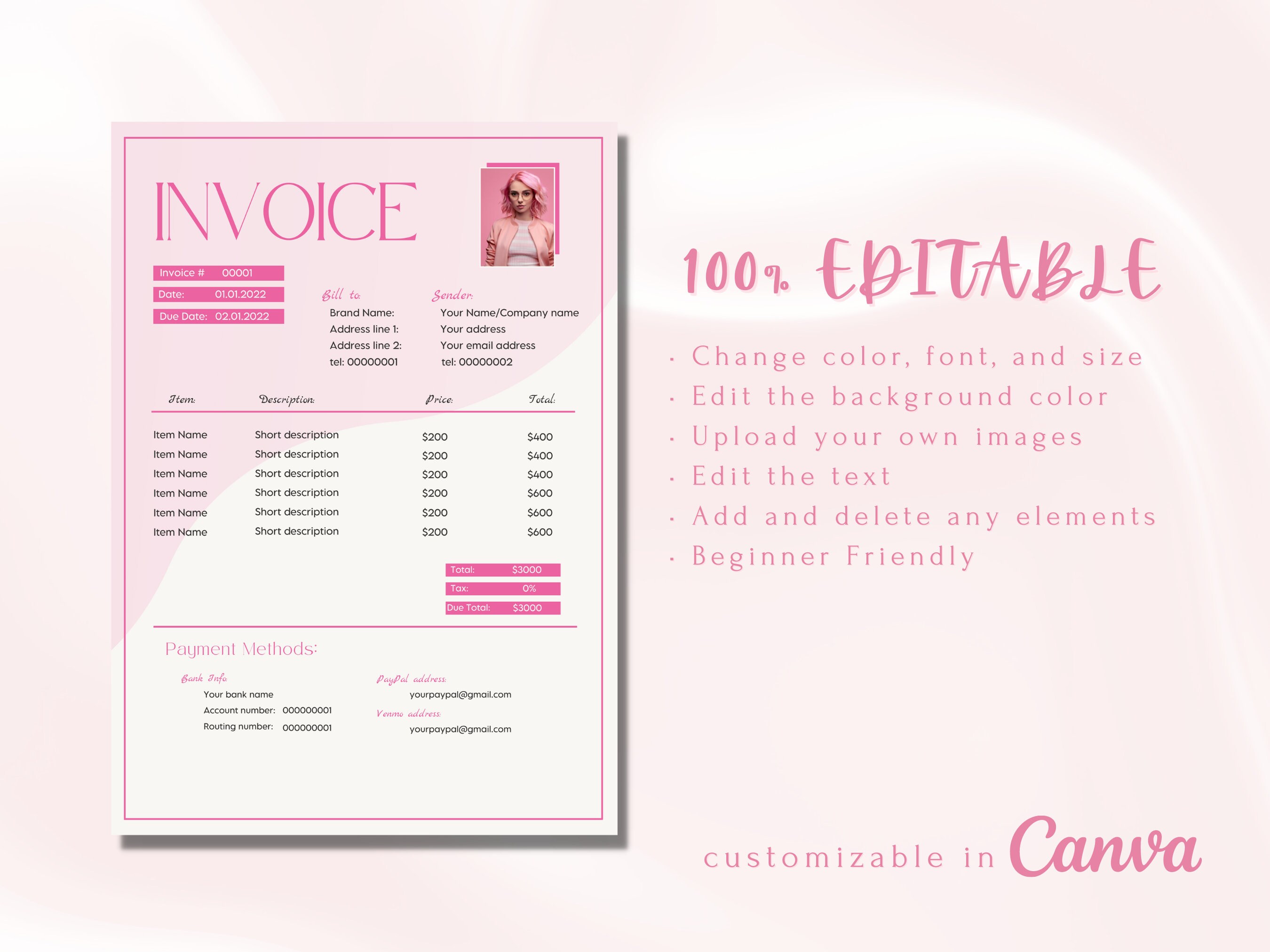 Pink Influencer Invoice Template, Editable in Canva (PDF) - Etsy