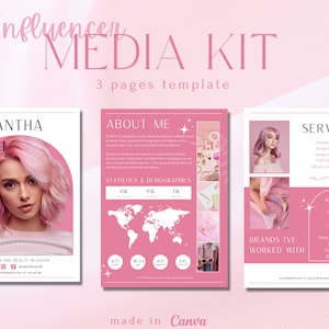 MEDIA KIT & Rate Card Template for Instagram, TikTok Influencers, Creators | 3 pages template designed in Canva | Social Media Kit | PINK