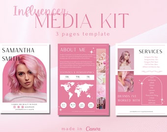 May include: A pink and white media kit template for an influencer named Samantha Smith. The template includes a photo of Samantha, her social media statistics, a list of brands she has worked with, and a description of her services. The template is designed to be used on Canva.