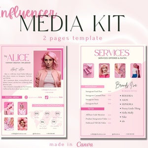 KIT DE MÍDIA e modelo de tabela de preços para Instagram, influenciadores e criadores do TikTok | Modelo de 2 páginas desenhado no Canva | Kit de mídia social | Rosa