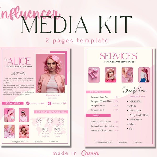 MEDIA KIT & Rate Card Template for Instagram, TikTok Influencers and Creators | 2 page template designed in Canva | Social Media Kit | Pink