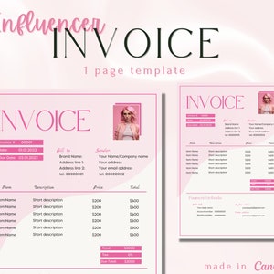 INVOICE Template for Instagram, TikTok Influencers and Bloggers | 1 page template designed in Canva | Social Media Invoice Template| Pink
