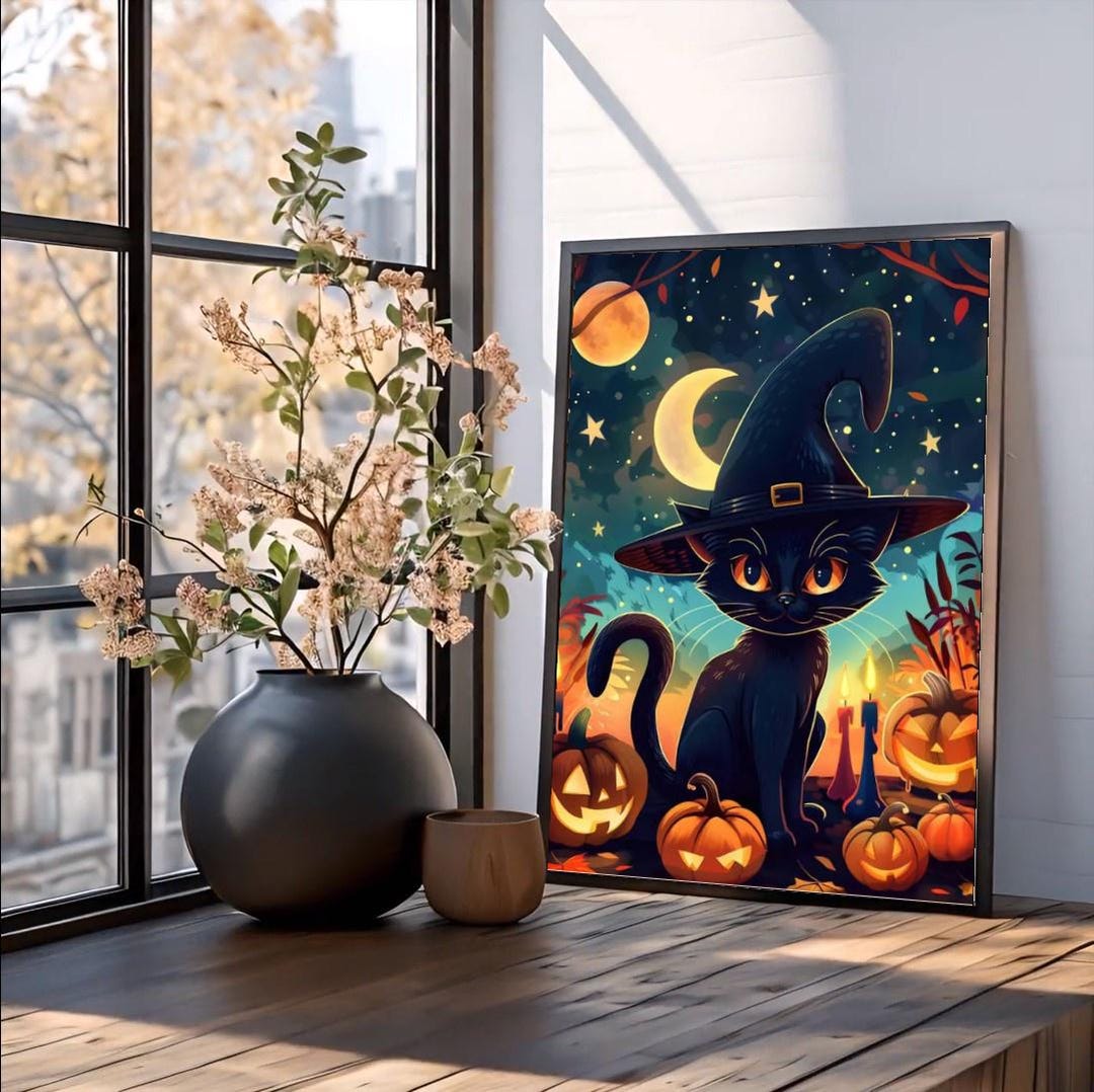 Cute Black Cat Halloween Poster Witch Cat Wall Art Spooky Pumpkin Decor ...