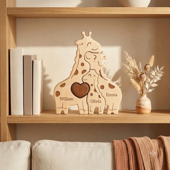 A custom wooden puzzle where each piece is a family member's spirit animal — genuinely playful, tactile, and one-of-a-kind as a keepsake.