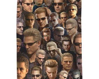 May include: A rectangular fleece blanket featuring a repeating collage of Albert Wesker from the Resident Evil series. The design showcases multiple portraits of the character with blonde hair, wearing black sunglasses and dark clothing.