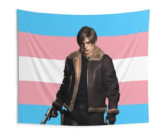 Leon S. Kennedy Bomber Leather Jacket Trans Tapestries, Leon Kennedy Transgender Flag, Leon S. Kennedy RE Video Game Indoor Wall Tapestries