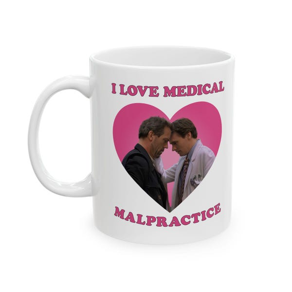 Taza "Me encanta la negligencia médica" de House and Wilson, taza "Dr. House House MD", taza con acento "Me encanta la negligencia médica"
