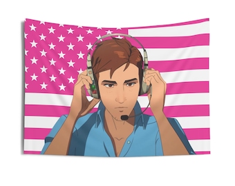 Robert Robertson Headphone Flag, Mecha Man Indoor Wall Tapestries, Mecha Man Dispatch Pink Flag
