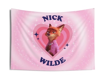 Bandera retro de corazón de Nick Wilde, tapices de pared para interiores de Nick Wilde, bandera rosa de Nick Wilde de Zootopia