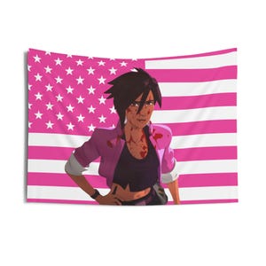 May include: A tapestry featuring a stylized illustration of a person in front of a pink and white American flag. The person is wearing a black top and a pink jacket. The flag has pink stripes and white stars.