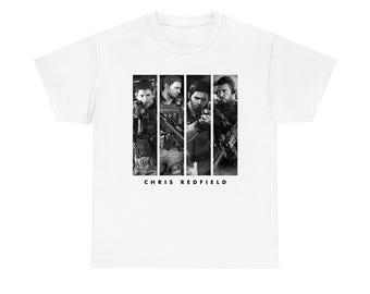 May include: A white short-sleeved t-shirt featuring a central graphic print of four vertical black and white panels, each displaying a different depiction of the character Chris Redfield holding various firearms, with the text CHRIS REDFIELD below.
