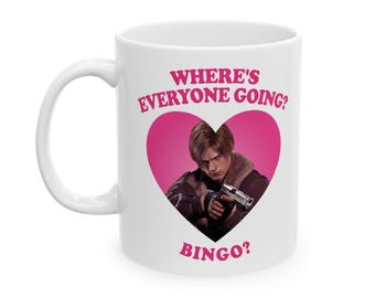 Leon's Famous Bingo Line Pink Heart Ceramic Mug, (11oz, 15oz), Leon S. Kennedy RE9 mug