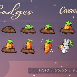 Könnte beinhalten: Acht Comic-Abzeichen mit einem Hasen, der eine Karotte hält, und verschiedenen Stadien des Wachstums einer Karotte im Boden. Der Text "Badges" und "Carrot" befindet sich oben im Bild.