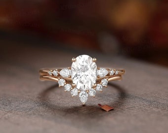 Oval Moissanite Verlobungsring Set, Stapelring, 14k Rosegold, Vintage Einzigartige Birne Diamant Cluster Ring Frauen, Hochzeit Brautring