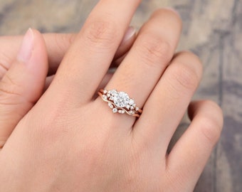 Vintage Moissanite engagement ring set Unique Rose gold engagement ring Round cut Diamond cluster ring Bridal wedding ring set promise ring