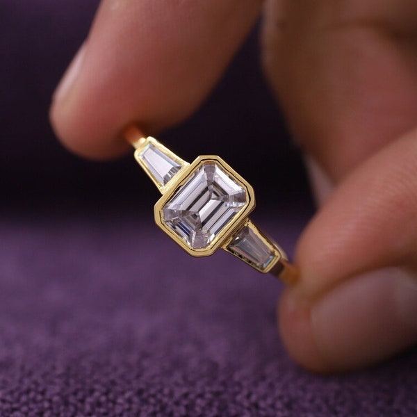 10K Gold Engagement Ring, Diamond Wedding Ring, Emerald Diamond Cut, Bezel Setting, Wedding Ring, Gift for Her, Promise Ring