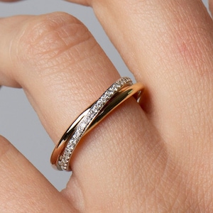 Two Tone Wedding Band For Women Trinity Engraved Bridal Band Wedding Diamond Band 10K/14K Mixed Metal Ring Gold Diamonds Band Stackable Ring