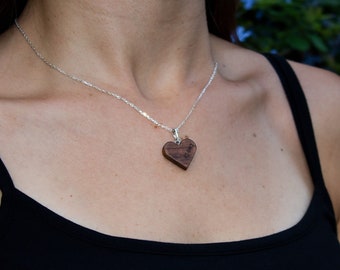 Wooden Heart Necklace - Walnut Wood Silver Chain Pendant  - Wooden Jewellery - Personalized Gift For Her