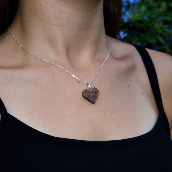 Wooden Heart Necklace - Walnut Wood Silver Chain Pendant  - Wooden Jewellery - Personalized Gift For Her