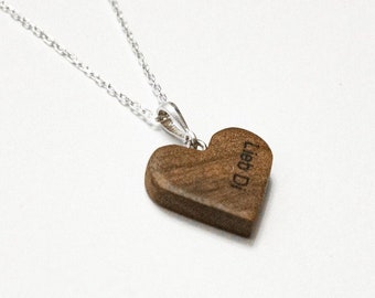Wooden Heart Necklace - Silver Chain Walnut Wood Heart Pendant - Custom Engraved Wood Necklace - Can be Personalized - Valentine's Day Gift