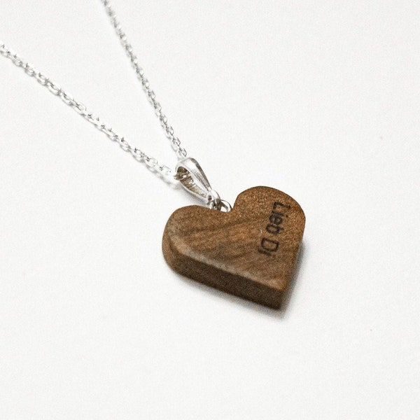 Wooden Heart Necklace - Silver Chain Walnut Wood Heart Pendant - Custom Engraved Wood Necklace - Can be Personalized - Valentine's Day Gift