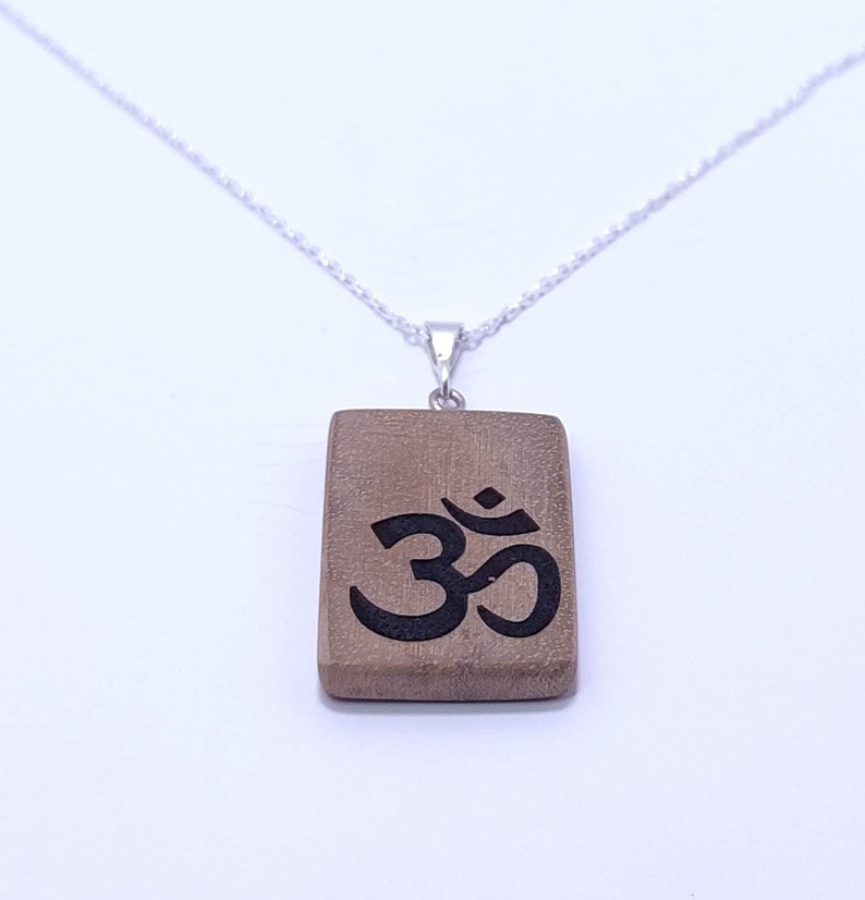 Om Sign Wooden Necklace Engraved Om Sign Wood Pendant Silver Chain Wooden Pendant Walnut Wood Jewelry Gift For Yogi Wooden Jewelry image 3