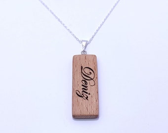 Wooden Necklace - Silver Chain Wood Pendant - Beech Wood Necklace -  Wooden Jewelry