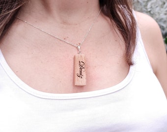 Wooden Beech Necklace - Silver Chain Wood Pendant - Beech Wood Jewelry -  Custom Wooden Pendant - Can be Personalized - Valentine's Day Gift