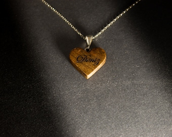 Wooden Personalized Heart Necklace - Silver Chain Walnut Wood Heart Pendant - Custom Engraved Wood Necklace -